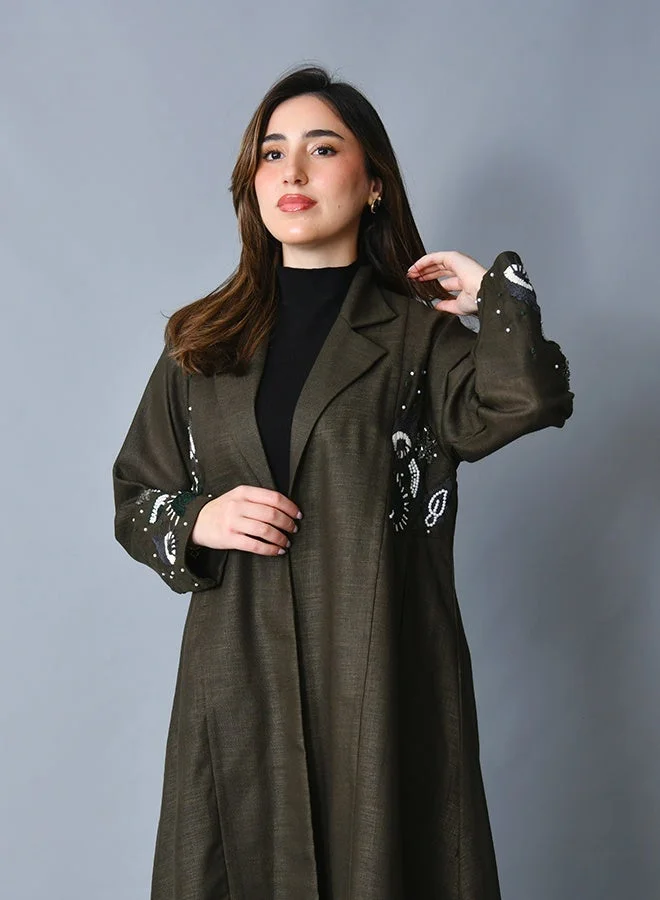 عبايات حوراء عباية بتصميم بليزر غير مبطن بقماش الينن-اخضر زيتي